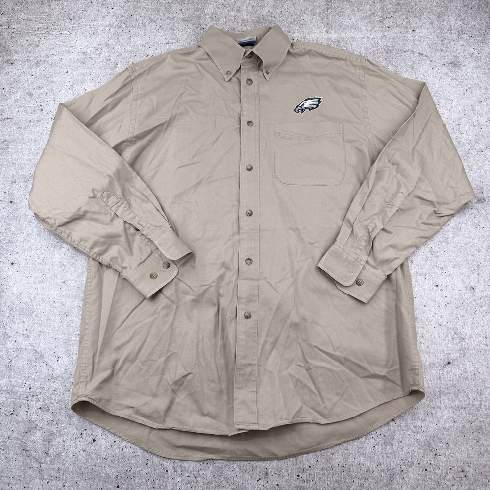 Vintage Y2K Reebok Philadelphia Eagles NFL Titan Twill Button Down Khaki Men L